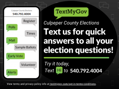 TextMyGov is a service which provides answers to common questions from our office. Text "Hi" to 540.792.4004 to get started. 